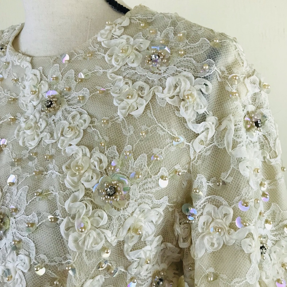 SOLD Vintage 60s Hall Ludlow Gown Sequins Lace Organza Cream Beige Wedding Dress - Picture 14 of 16